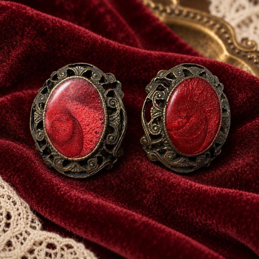 Vintage Red Swirl Cabochon Filigree Pierced Earrings Antiqued Brass Tone